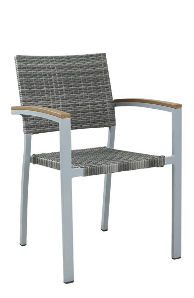 Terrassenstuhl Verbania Mixed Grey mit Rattan-Geflecht, weißem Gestell und Armlehnen in Holzoptik