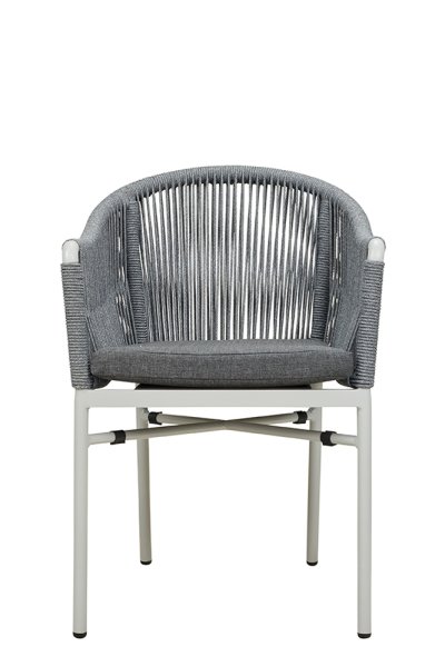 Ramila-RR Light Grey Terrassenstuhl mit beigem Aluminiumgestell und Textilen-Rücken, stapelbar und wetterfest für Gastronomie Frontansicht